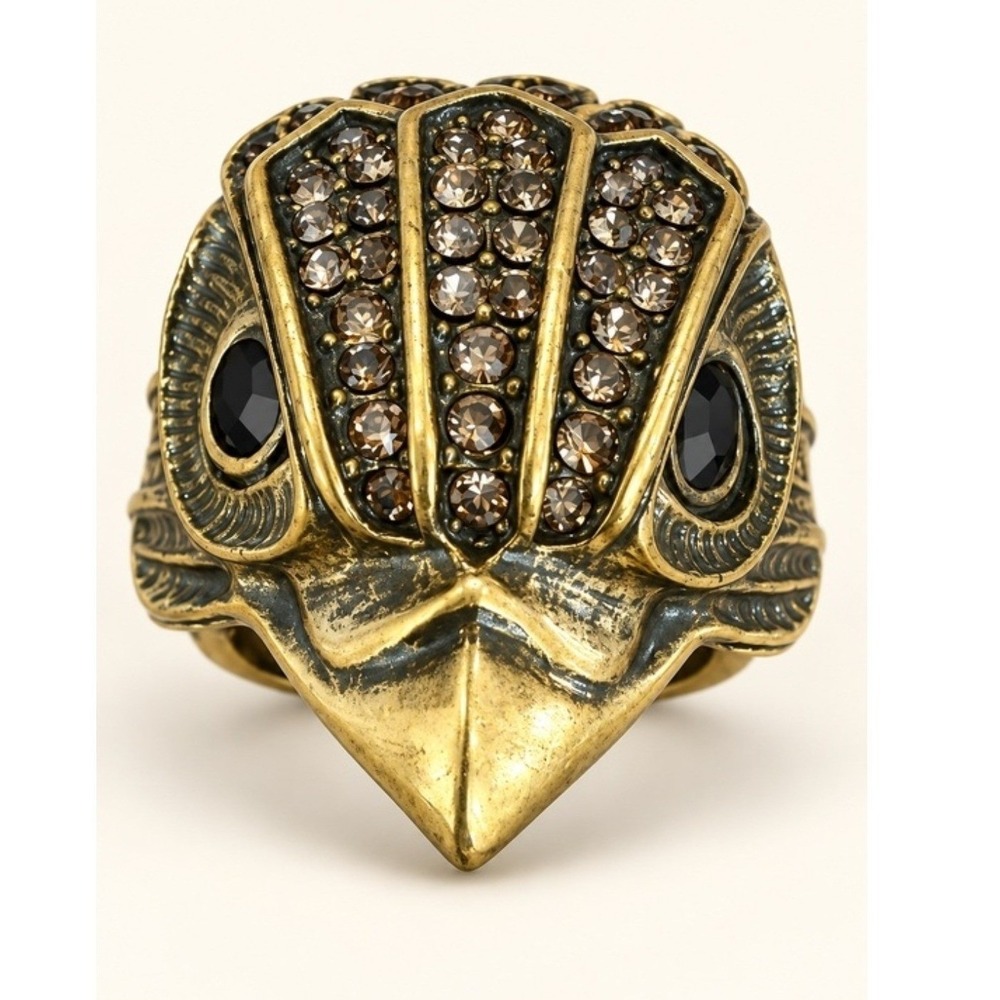 Kurt Geiger London Eagle Head Statement Ring Antique Brass Crystal Embellished 8